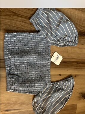 New Altar’d State Blue Striped Smocked Top with Puff Sleeves